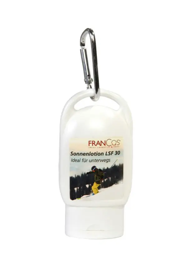 Sonnenmilch LSF 3, 50+ und Sensitiv 30ml Flasche mit Karabinerhaken