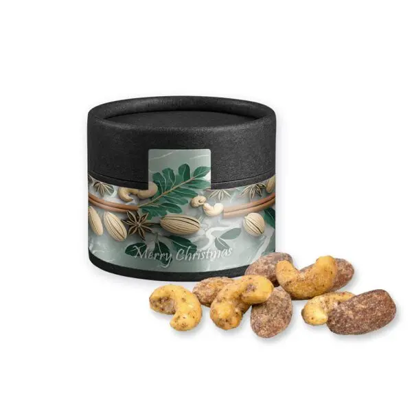 Zimt-Mandel Vanille-Cashew Mix, ca. 40g, Biologisch abbaubare Eco Pappdose Mini schwarz