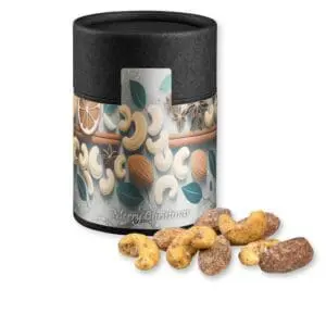 Zimt-Mandel Vanille-Cashew Mix, ca. 80g, Biologisch abbaubare Eco Pappdose Midi schwarz