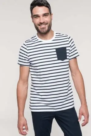 Kariban Gestreiftes Kurzarm-T-Shirt im Marine-Stil mit Tasche