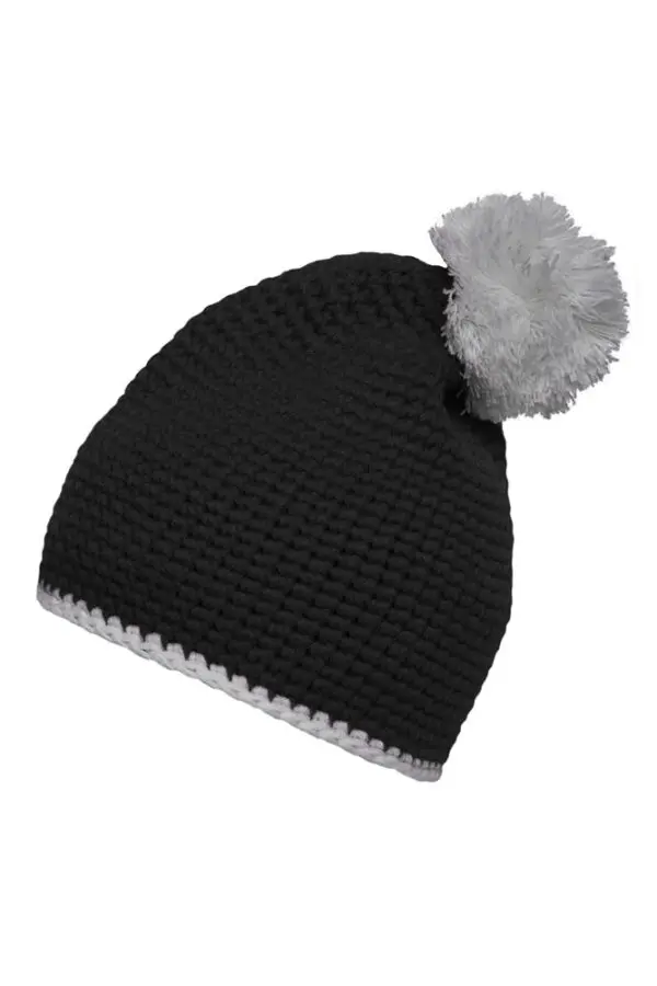 Pompon Hat with Contrast Stripe