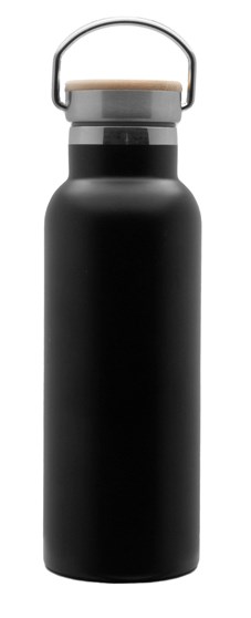 Doppelwandige Flasche 'Arima', schwarz, Bambusdeckel, 500ml