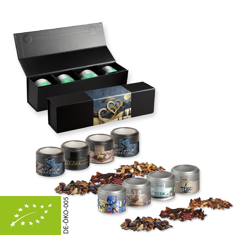 Teesorten, Verschiedene Weihnachts Bio und nicht-Bio, ca. 120-140g, Geschenk-Set Premium schwarz mit Magnetverschluss und 4 Metalldosen Mini mit Sichtfenster